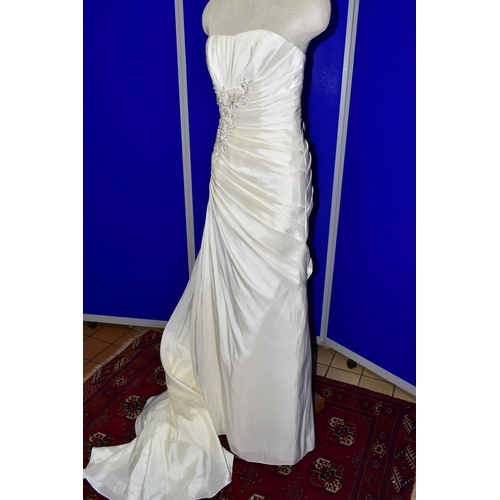 269 - WEDDING DRESS, end of season stock clearance (may have slight marks) Ivory satin pleated, size 8, ri... 