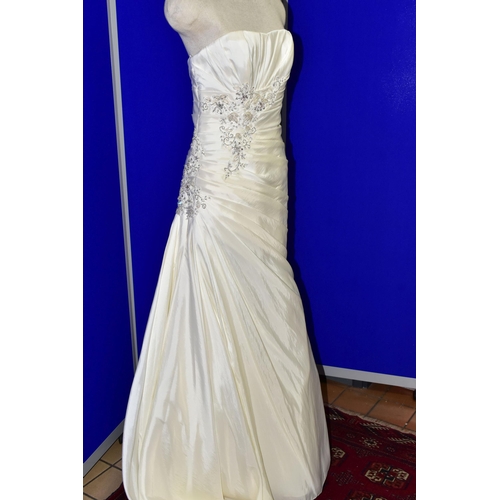 269 - WEDDING DRESS, end of season stock clearance (may have slight marks) Ivory satin pleated, size 8, ri... 