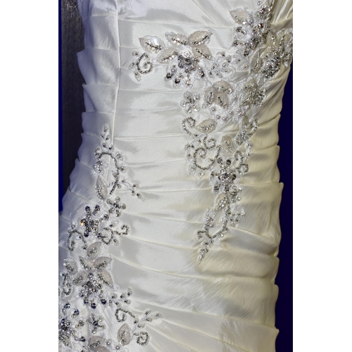 269 - WEDDING DRESS, end of season stock clearance (may have slight marks) Ivory satin pleated, size 8, ri... 