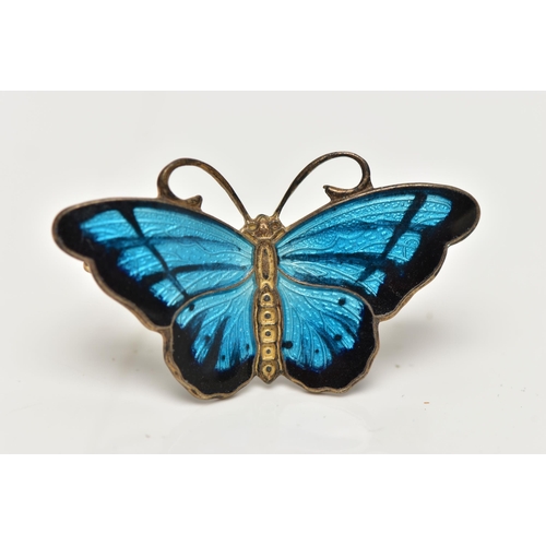 27 - A 'HROAR PRYDZ' BUTTERFLY BROOCH,  a silver brooch with light and dark blue enamel detail, fitted wi... 