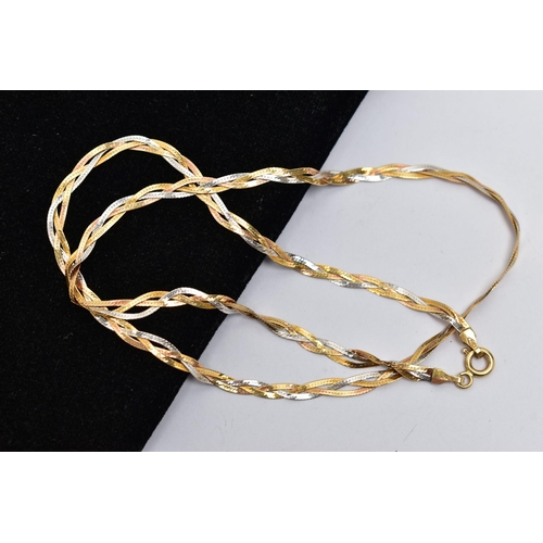 51 - A BI-COLOUR PLAITED CHAIN NECKLACE, flat articulated plait chain comprising of two yellow and one wh... 