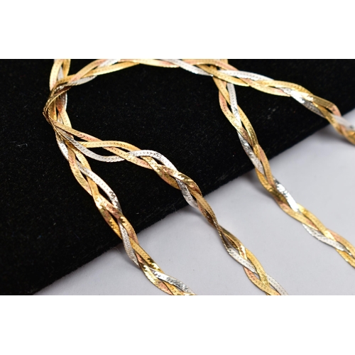 51 - A BI-COLOUR PLAITED CHAIN NECKLACE, flat articulated plait chain comprising of two yellow and one wh... 