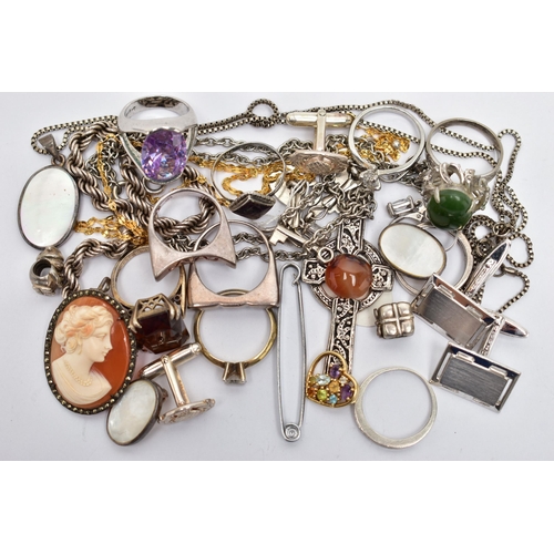 53 - A BAG OF SILVER AND WHITE METAL JEWELLERY, to include a silver rope twist bracelet, fitted with a sp... 