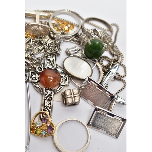 53 - A BAG OF SILVER AND WHITE METAL JEWELLERY, to include a silver rope twist bracelet, fitted with a sp... 