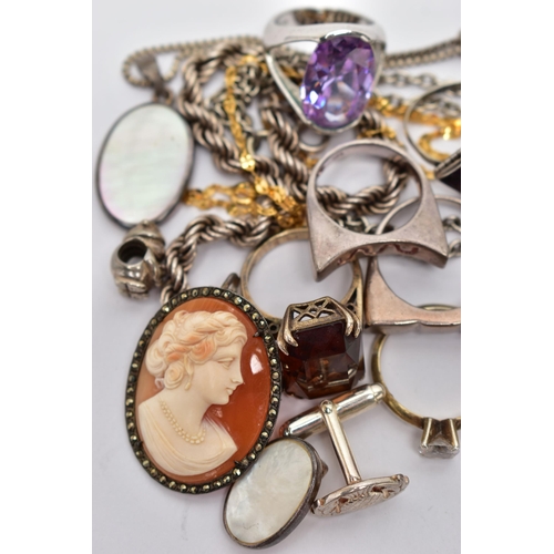 53 - A BAG OF SILVER AND WHITE METAL JEWELLERY, to include a silver rope twist bracelet, fitted with a sp... 