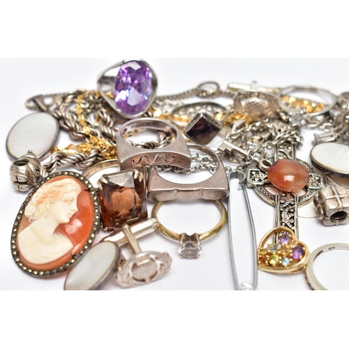 53 - A BAG OF SILVER AND WHITE METAL JEWELLERY, to include a silver rope twist bracelet, fitted with a sp... 