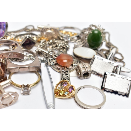 53 - A BAG OF SILVER AND WHITE METAL JEWELLERY, to include a silver rope twist bracelet, fitted with a sp... 
