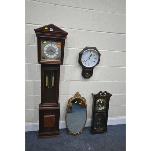 1206 - A MODERN MAHOGANY CASED GRANDAUGHTER CLOCK, with two dummy weights, a president wall clock, another ... 