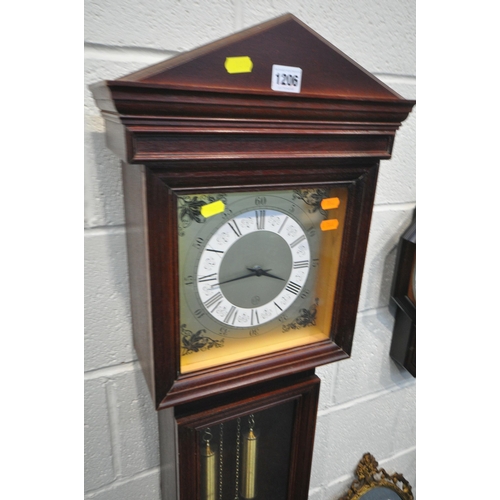 1206 - A MODERN MAHOGANY CASED GRANDAUGHTER CLOCK, with two dummy weights, a president wall clock, another ... 