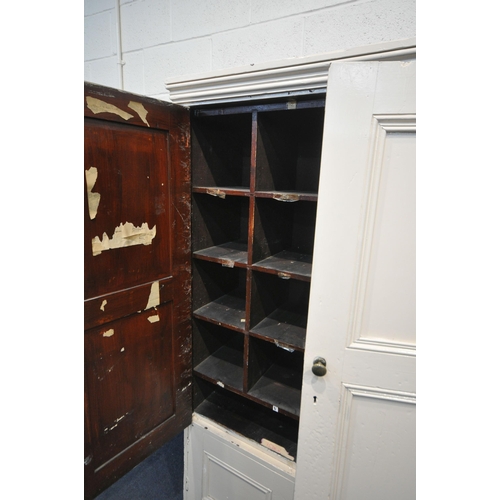 1213 - A 19TH CENTURY PAINTED PINE HOUSEKEEPERS CUPBOARD, with three panelled cupboard doors, enclosing an ... 