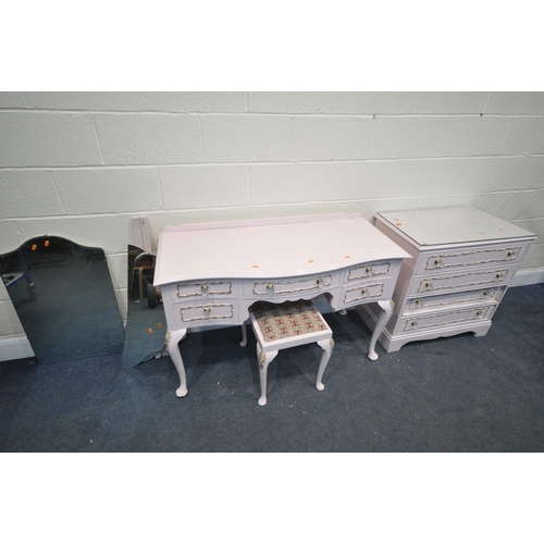 1214 - A PINK PAINTED FRENCH BEDROOM SUITE, with detatched triple mirrors, stool, and a chest of four drawe... 