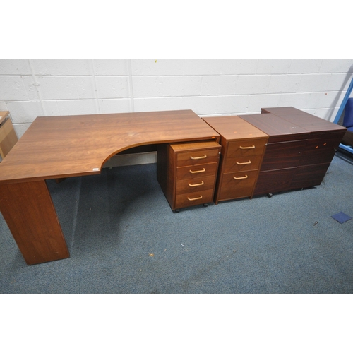 1217 - A DARK WOOD CORNER DESK, width 160cm x depth 120cm x height 74cm, and two similar filing cabinets, o... 