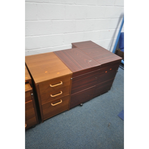 1217 - A DARK WOOD CORNER DESK, width 160cm x depth 120cm x height 74cm, and two similar filing cabinets, o... 