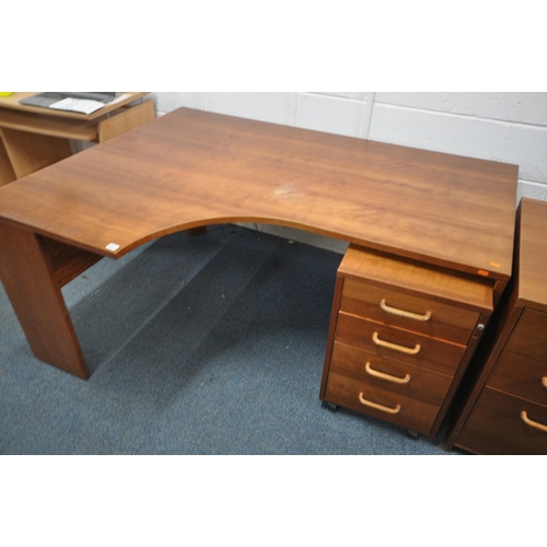 1217 - A DARK WOOD CORNER DESK, width 160cm x depth 120cm x height 74cm, and two similar filing cabinets, o... 