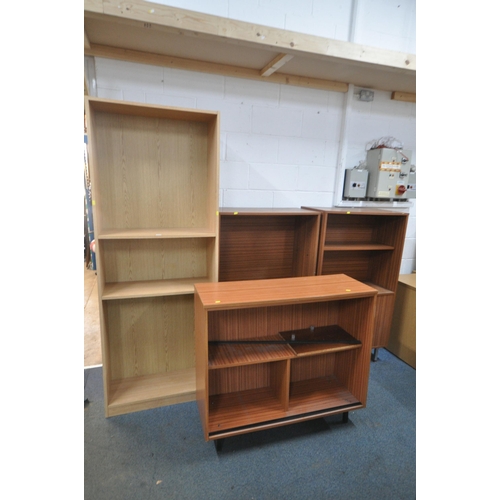 1219 - A TALL BEECH OPEN BOOKCASE, width 76cm x height 32cm x height 201cm (missing shelves) a pair of maho... 