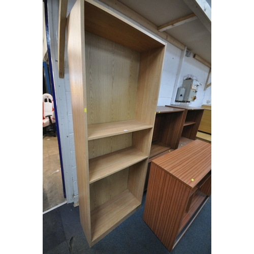 1219 - A TALL BEECH OPEN BOOKCASE, width 76cm x height 32cm x height 201cm (missing shelves) a pair of maho... 