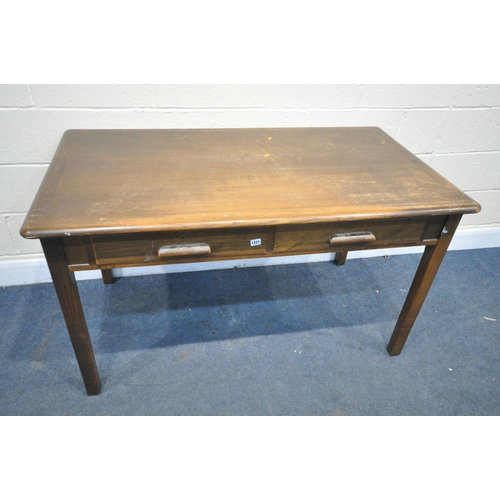 1221 - A MID 20TH CENTURY OAK DESK, with two drawers, width 136cm x depth 76cm x height 77cm (condition:-wo... 