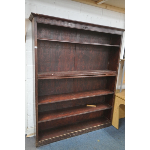 1222 - A STAINED OAK OPEN BOOKCASE, with six adjustable shelves, width 165cm x depth 36cm x height 201cm (c... 