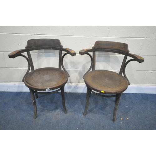 1226 - A PAIR OF BENTWOOD OAK ARMCHAIRS (condition:-seat slightly lifted to one chair, aged wear and tear, ... 