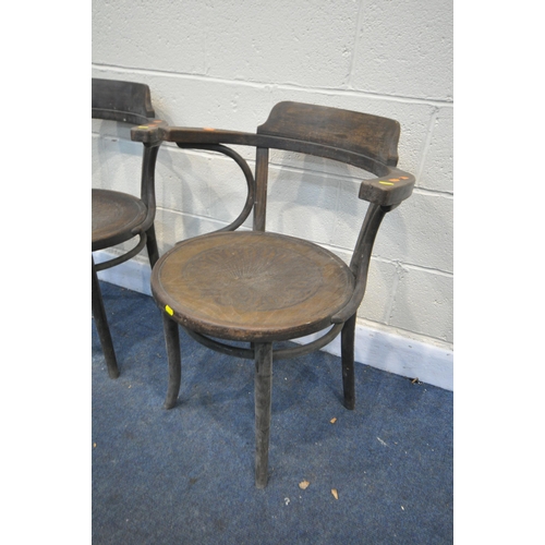 1226 - A PAIR OF BENTWOOD OAK ARMCHAIRS (condition:-seat slightly lifted to one chair, aged wear and tear, ... 