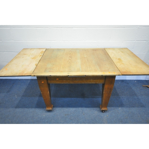 1277 - AN ARTS AND CRAFTS PINE DRAW LEAF DINING TABLE, on square tapered legs, extended length 193cm x clos... 