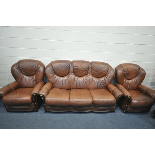 1282 - A BROWN LEATHERETTE THREE PIECE SUITE, comprising a three seater sofa, and two armchairs (condition ... 