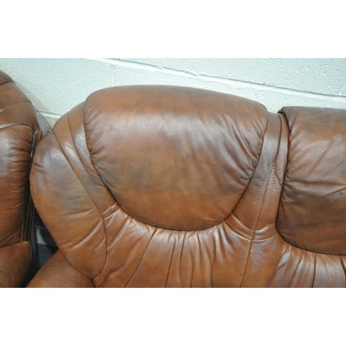 1282 - A BROWN LEATHERETTE THREE PIECE SUITE, comprising a three seater sofa, and two armchairs (condition ... 