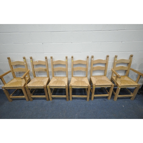 1285 - A SET OF SIX SOLID BEECH DINING CHAIRS, with drop in rush seats, including two carvers (condition - ... 