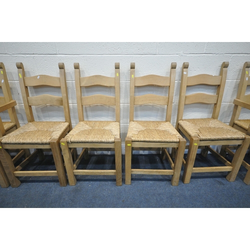 1285 - A SET OF SIX SOLID BEECH DINING CHAIRS, with drop in rush seats, including two carvers (condition - ... 