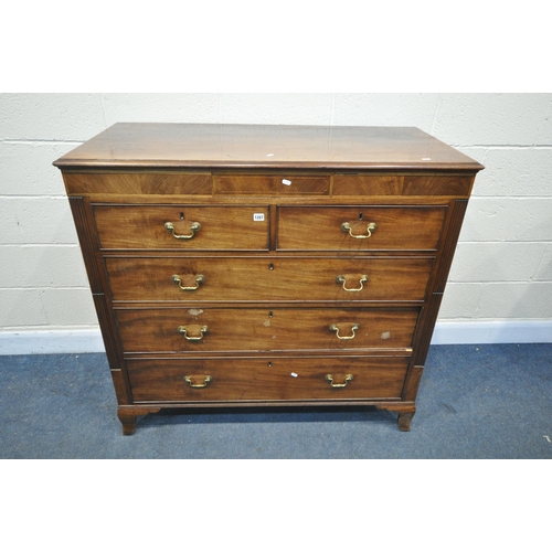 1287 - A GEORGIAN MAHOGANY CHEST OF TWO SHORT AND THREE LONG DRAWERS, with a secret single drawer, brass sw... 