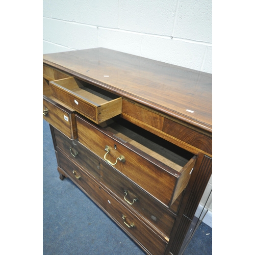 1287 - A GEORGIAN MAHOGANY CHEST OF TWO SHORT AND THREE LONG DRAWERS, with a secret single drawer, brass sw... 