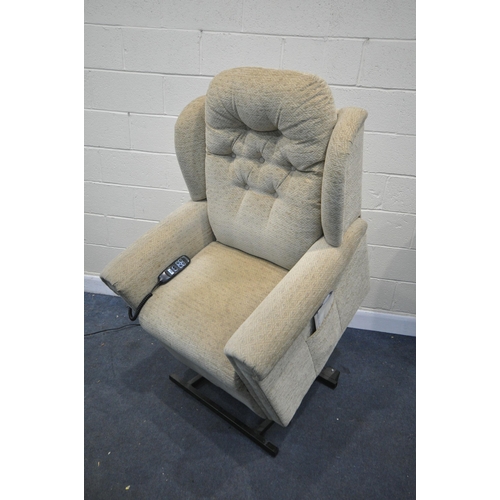 1291 - A HSL BEIGE UPHOLSTERED ELECTRIC RISE AND RECLINE ARMCHAIR (pat pass and working)