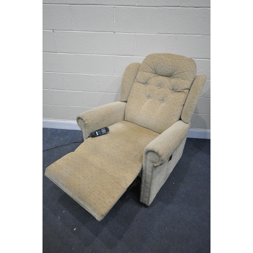 1291 - A HSL BEIGE UPHOLSTERED ELECTRIC RISE AND RECLINE ARMCHAIR (pat pass and working)