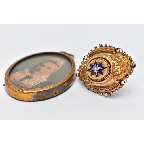 1 - A 19TH CENTURY MOURNING BROOCH AND FRAMED PHOTO,  a yellow gold Etruscan style mourning brooch, desi... 