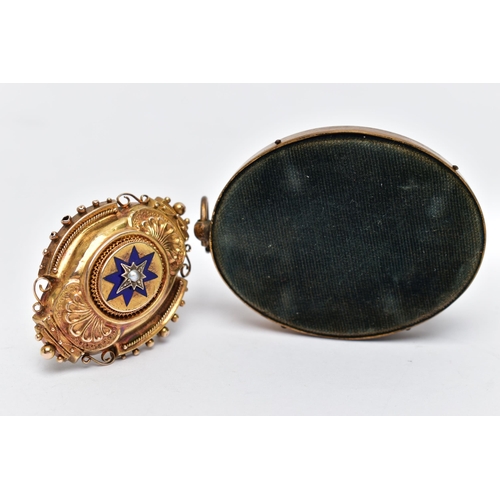 1 - A 19TH CENTURY MOURNING BROOCH AND FRAMED PHOTO,  a yellow gold Etruscan style mourning brooch, desi... 