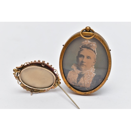 1 - A 19TH CENTURY MOURNING BROOCH AND FRAMED PHOTO,  a yellow gold Etruscan style mourning brooch, desi... 