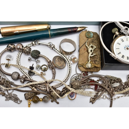 13 - A BAG OF ASSORTED WHITE METAL JEWELLERY AND A 'PARKER' FOUNTAIN PEN, to include a 'Pandora' charm br... 