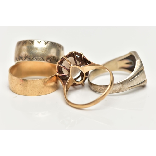 16 - TWO 9CT YELLOW GOLD RINGS AND TWO WHITE METAL RINGS, the first a polished wide band, approximate ban... 