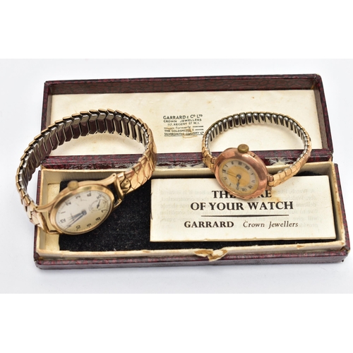 17 - A LADY'S AND A GENT'S GOLD WRISTWATCH, the first a gents manual wind, 'Garrad' watch, featuring a ro... 