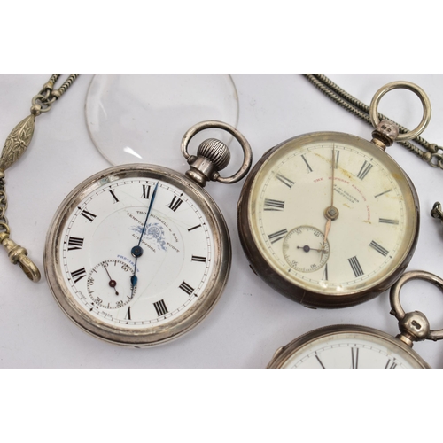 18 - FOUR SILVER POCKET WATCHES AND AN ALBERTINA, to include four open face pocket watches, three are sig... 