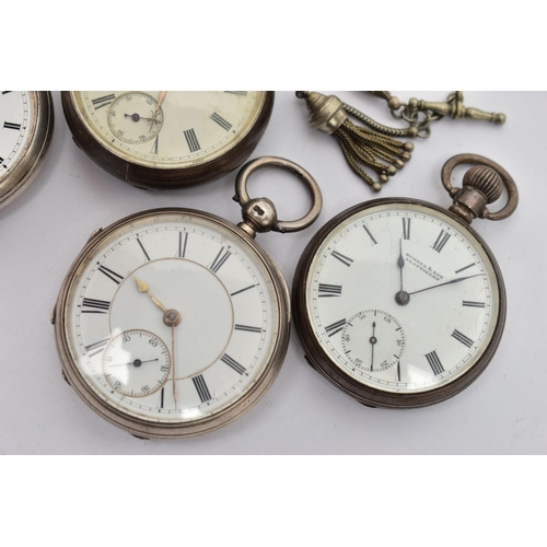 18 - FOUR SILVER POCKET WATCHES AND AN ALBERTINA, to include four open face pocket watches, three are sig... 