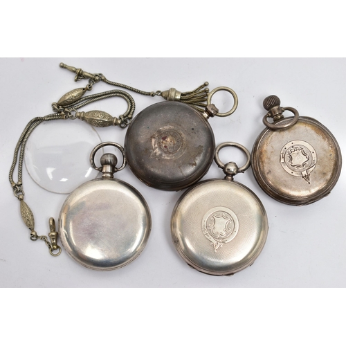 18 - FOUR SILVER POCKET WATCHES AND AN ALBERTINA, to include four open face pocket watches, three are sig... 