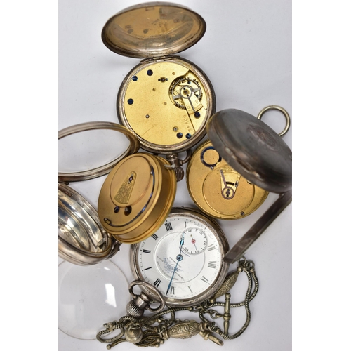 18 - FOUR SILVER POCKET WATCHES AND AN ALBERTINA, to include four open face pocket watches, three are sig... 