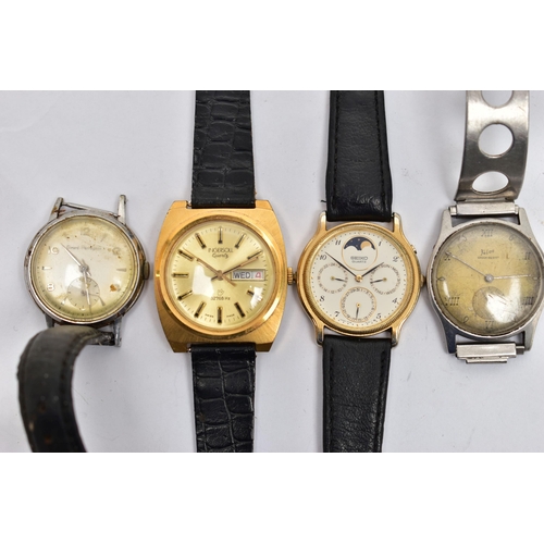 19 - FOUR GENTS WRISTWATCHES, to include a 'Girad-Perregaux' manual wind watch fitted with a broken black... 