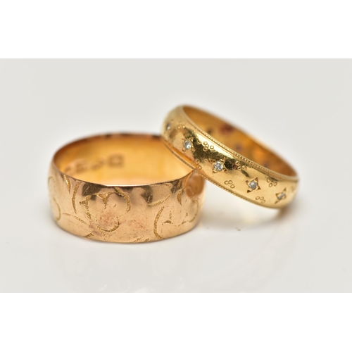 21 - TWO 18CT GOLD BAND RINGS, the first a wide band with worn floral engraving, approximate width 8mm, h... 