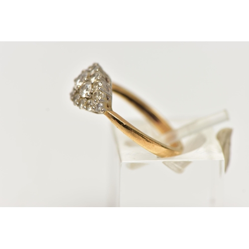 22 - AN 18CT GOLD DIAMOND CLUSTER RING, a navette shaped cluster ring comprised of nineteen round brillia... 