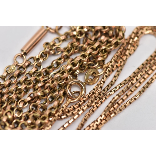 29 - A 9CT GOLD CHAIN AND YELLOW METAL CHAIN, the first a yellow gold box link chain, fitted with a sprin... 