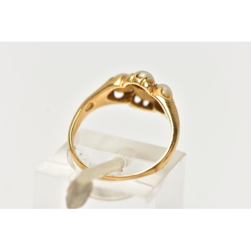 34 - A MID VICTORIAN 18CT GOLD SPLIT PEARL RING, the four split pearls claw set in a quatrefoil design, 1... 