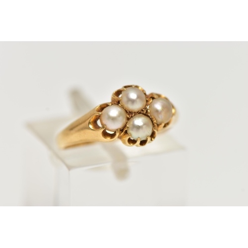 34 - A MID VICTORIAN 18CT GOLD SPLIT PEARL RING, the four split pearls claw set in a quatrefoil design, 1... 