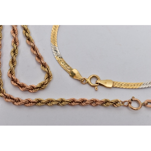 4 - A 9CT GOLD ROPE TWIST CHAIN AND A BRACELET, the bi-colour rope twist chain, fitted with a spring cla... 